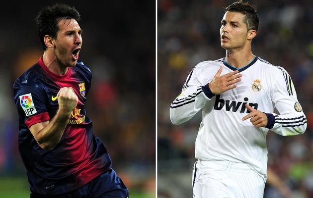 Montage photo de l'attaquant argentin Lionel Messi ( à gauche) et de l'attaquant portugais Cristiano Ronaldo (à droite), le 7 octobre 2012 à Barcelone [Lluis Gene / AFP/Archives]