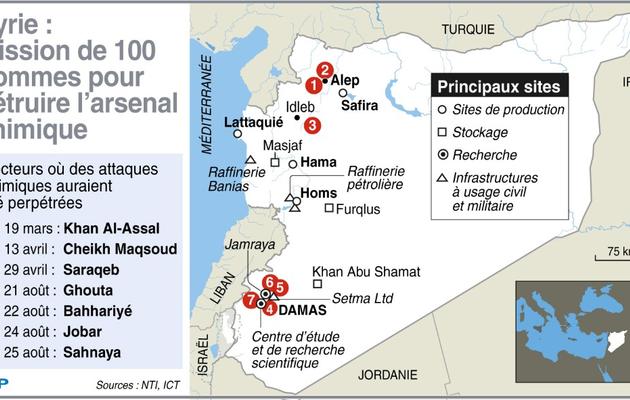 Infographie sur la localisation des lieux d'attaques chimiques présumées et des sites de production et de stockage d'armes [- / AFP]