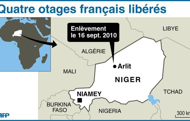 Infographie localisant l'enlèvement des quatre otages libérés au Niger  [ / AFP]