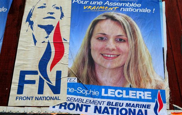 Affiche électorale d'Anne-Sophie Leclere, l'ex-candidate FN aux municipales qui avait comparé Christiane Taubira à un singe, le 18 octobre 2013 à Rethel [Francois Nascimbeni / AFP/Archives]