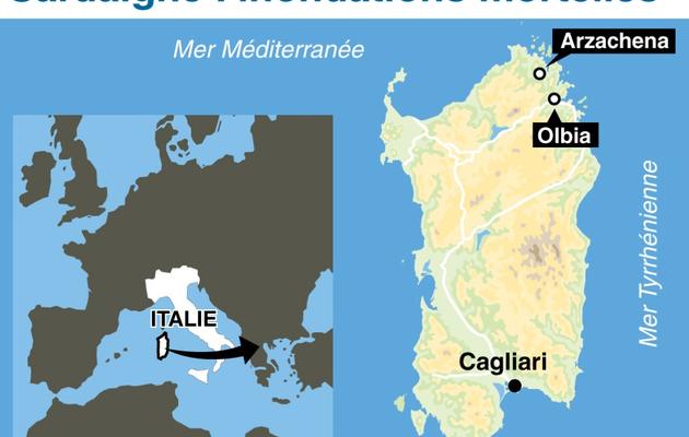 Infographie localisant des villes de Sardaigne touchées par des inondations mortelles [ / AFP]