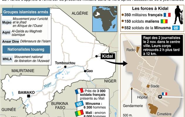 Infographie sur le Mali et la ville de Kidal où ont été tués 2 journalistes français samedi et effectifs des forces militaires en présence  [ / AFP]