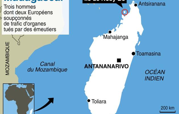 Infographie de localisation de Madagascar où trois hommes, dont deux Européens soupçonnés de trafic d'organes ont été tués par des émeutiers [ / AFP]