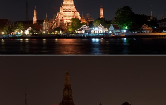 Juxtaposition de photos du temple bouddhiste Wat Arun Ratchawararam Ratchawaramahawihan avant et après extinction des feux, lors de l'opération "Une heure pour la planète", à Bangkok le 29 mars 2014 [Pornchai Kittiwongsakul / AFP]