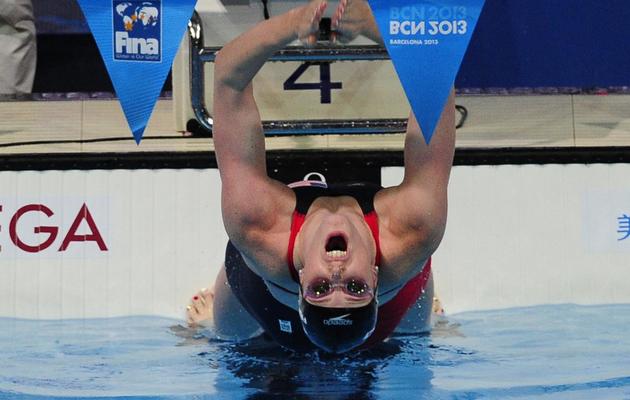 L'Américaine Missy Franklin lors du relais 4x100 m 4 nages, aux Mondiaux de Barcelone le 4 août 2013 [Josep Lago / AFP]
