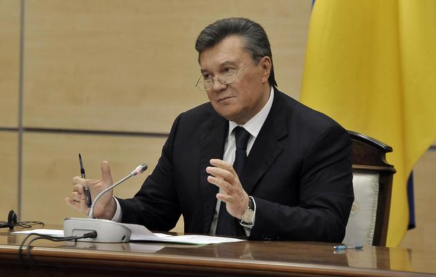 Le président destitué Viktor Ianoukovitch lors d'une conférence de presse le 28 février 2014 à Rostov-on-Don [Andrey Kronberg / AFP/Archives]