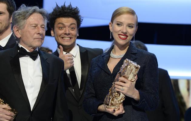 Roman Polanski, Kev Adams et Scarlett Johansson lors de la 39e cérémonie des Césars le 28 février 2014 au Châtelet à Paris [Martin Bureau / AFP]