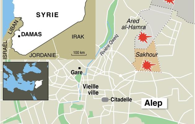 Carte de la ville syrienne d'Alep localisant les bombardements aériens de dimanche [Patrice Deré, jj/abm / AFP]