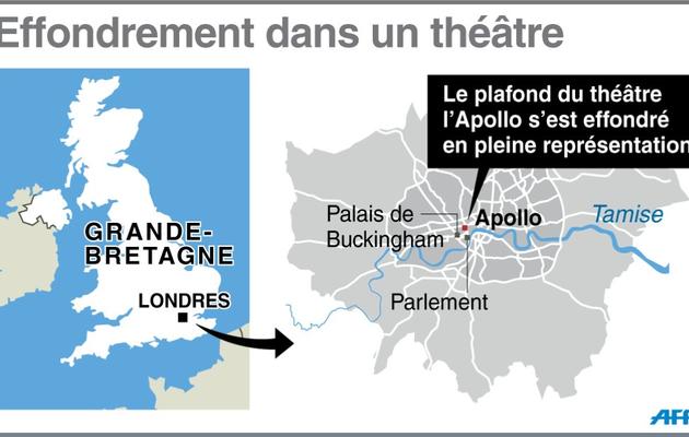 Carte de localisation de l'Apollo théâtre à Londres dont le plafond s'est effondré en pleine représentation jeudi soir  [ / AFP]