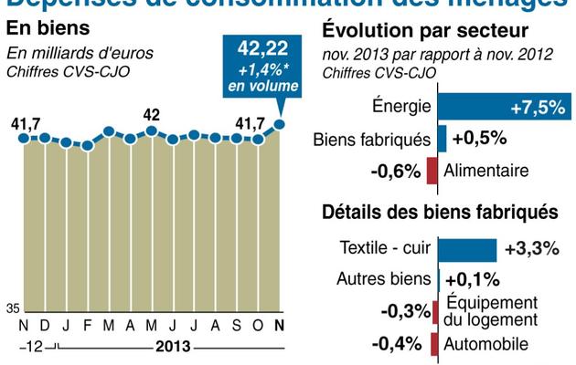 Graphique de l'évolution mensuelle de la consommation des ménages et par secteur de novembre 2012 à novembre 2013 [ / AFP]