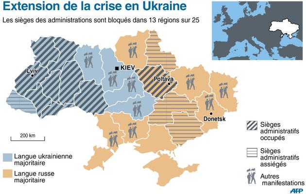Carte des régions d'Ukraine touchées par des occupations des administrations régionales et des manifestations  [S.Ramis/J.Jacobsen, jj/abm / AFP]