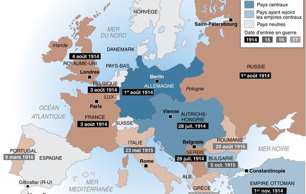 Carte de l'Europe avec les différents pays et empires en 1914, avant le début de la guerre  [P. Deré / D. Mayer / AFP]