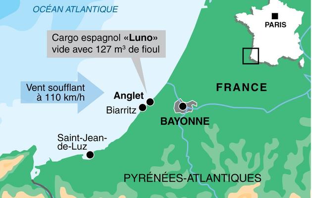 Carte de localisation du naufrage du navire espagnol à Anglet dans les Pyrénées-Atlantiques  [P. Deré/V. Lefai / AFP]