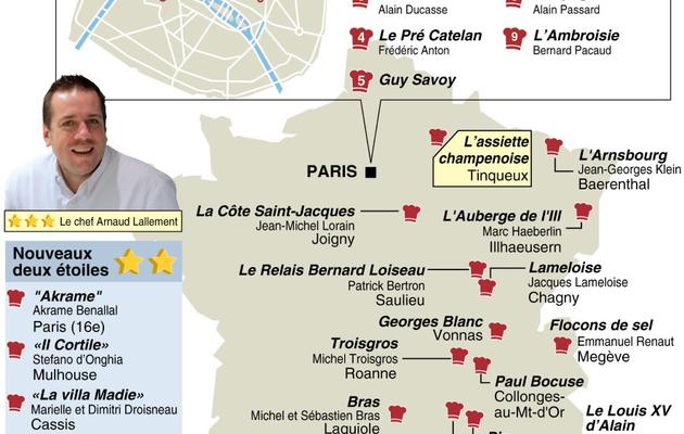 Carte de France des restaurants «3 étoiles» Michelin et sélection de nouveaux «2 étoiles» [J.M. Cornu/P. Defosseux / AFP]