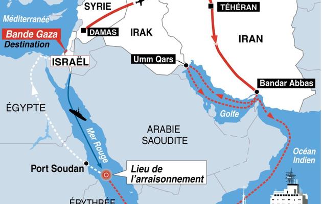Graphique montrant le parcours d'une cargaison d'armes iraniennes interceptée par l'armée israélienne en mer Rouge [L.Saubadu/B. James / AFP]