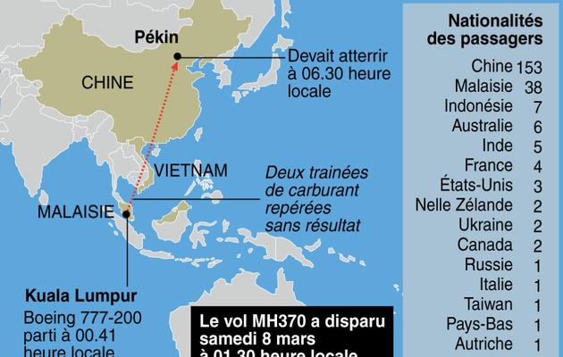 Carte de localisation du vol de l'avion de la Malaysia Airlines disparu en mer de Chine avec 239 personnes à bord  [J. Saeki / AFP]