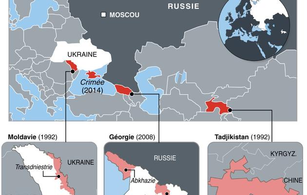 Carte de localisation des interventions de la Russie chez ses voisins depuis la chute de l'URSS [J-M Cornu / B James / AFP]