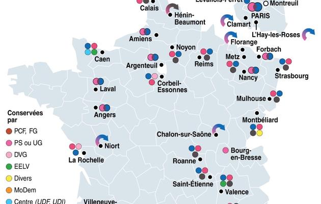 Carte de France des points chauds et des basculements au 1er tour des élections municipales  [-, L. Saubadu/P. Pizarro/P.Defosseu / AFP]