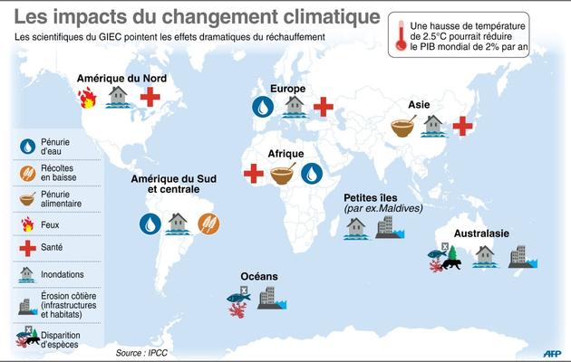 Carte montrant les impacts du changement climatique, selon le rapport du Giec conclu dimanche à Yokohama [-, K Tian/P Pizarro/G Handyside / AFP]