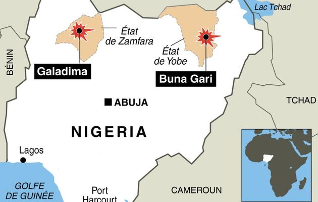 Carte du Nigeria avec la localisation de l'attaque contre le village de Galadima, attribuée à des bergers peuls, et celle du village de Buna Gari, attribuée aux islamistes de Boko Haram [K.Tian /M. Brunengo, K.Tian /M. Brunengo / AFP]