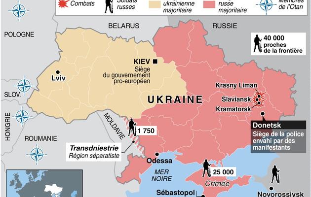 Carte de l'Ukraine localisant l'offense pro-russe et les derniers combats à l'est du pays  [S.Ramis/A.Bommenel/K. Tian / AFP]