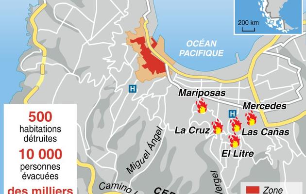 Localisation des principaux foyers d'incendie à Valparaiso [-, S. Ramis/C. Mutto / AFP]