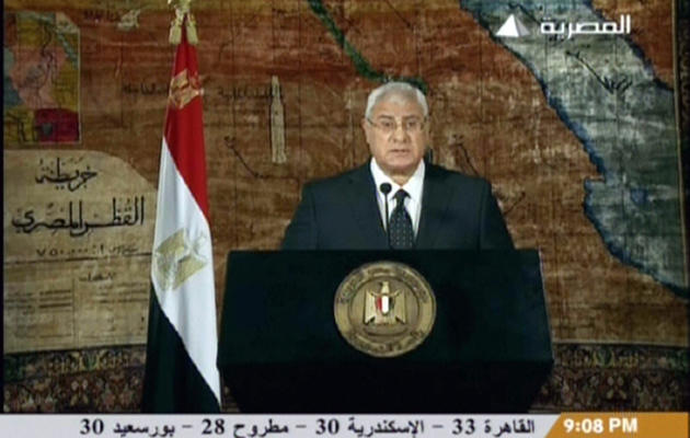 Capture d'écran du président par intérim Adly Mansour lors de son discours, le 18 juillet 2013  [- / Egyptian TV/AFP]