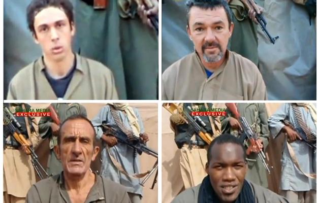 Montage photos du 8 septembre 2012 à partir de captures d'une vidéo fournie par le site internet Sahara Medias, présentant les 4 otages français détenus par Aqmi à Arlit au Niger [ / Sahara Medias/AFP/Archives]