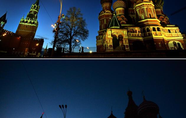 Photomontage montrant l'opération "Une heure pour la planète" à Moscou le 29 mars 2014 [Yuri Kadobnov / AFP]