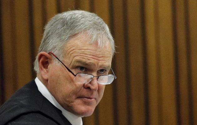 L'avocat de la défense Barry Roux interroge Oscar Pistorius le 8 février 2014 à la barre du tribunal de Pretoria [Kim Ludbrook / POOL/AFP]