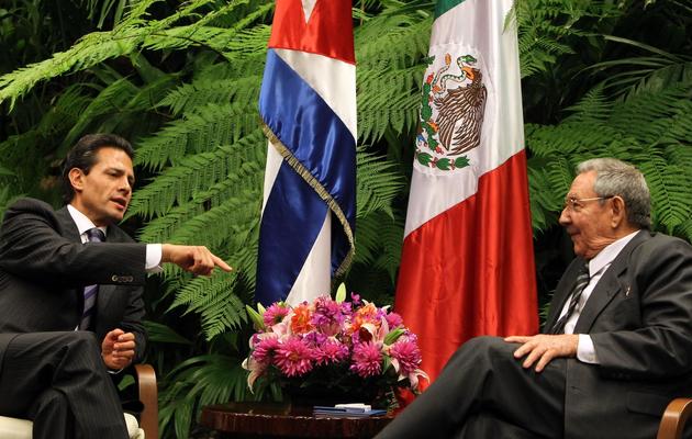 Le président cubain Raul Castro (d) et son homologue mexicain Enrige Pena Nieto, le 29 janvier 2014 lors du sommet de la Celac à La Havane [Alejandro Ernesto / Pool/AFP]