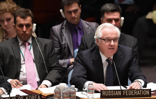 L'ambassadeur de la Russie à l'Onu, Vitaly Churkin, lors de la réunion d'urgence du Conseil de sécurité le 13 avril 2014 à New York [Don Emmert / AFP]