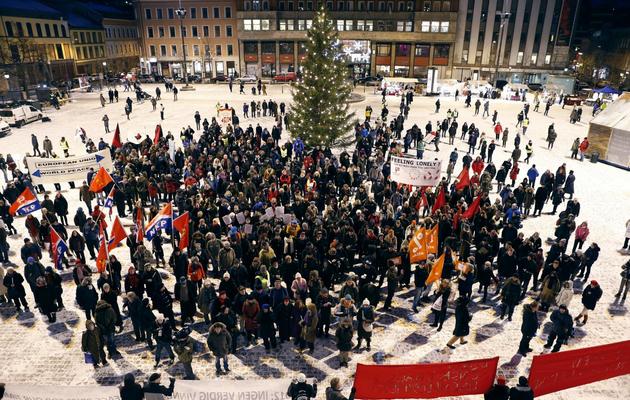Manifestation à Olso contre l'attribution du prix Nobel de la paix à l'UE, le 9 décembre 2012 [Cornelius Poppe / Scanpix/AFP]