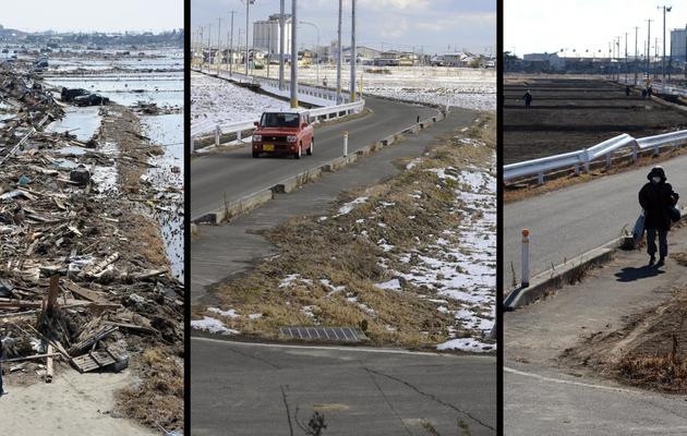 Montage de photos de Toru Yamanaka (gauche et centre) et Toshifumi Kitamura (droite), montrant la zone de Natori, touchée par le tsunami, le 14 mars 2011, le 12 janvier 2012 et le 21 février 2013 [Toru Yamanaka/Toshifumi Kitamura / AFP]