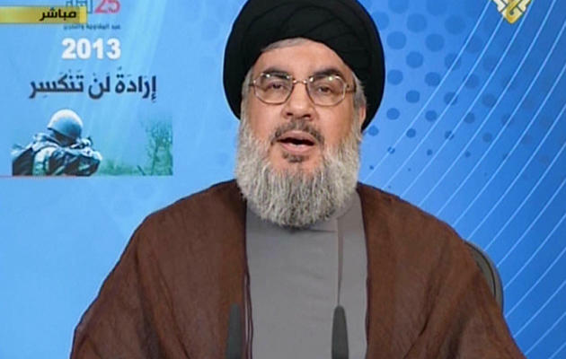 Capture d'écran de la TV al-Manar montrant Hassan Nasrallah, pendant son discours le 25 mai 2013 [- / AFP]
