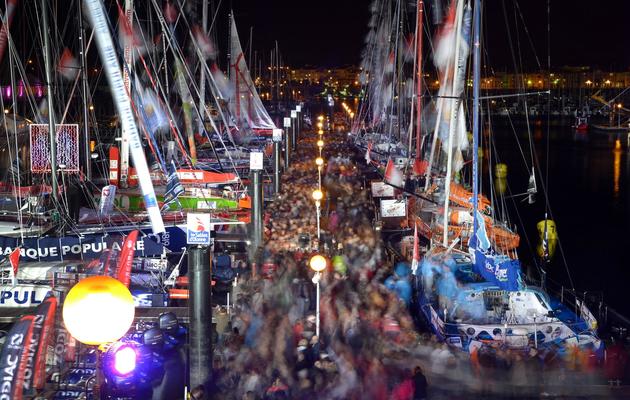 Une vue générale du ponton où sont amarrés les 20 monocoques qui participent au Vendée Globe, le 8 novembre 2012 aux Sables d'Olonne [ / AFP]