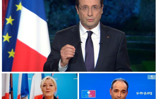 Combinaison des photos de François Hollande présentant ses voeux aux Français depuis l'Elysée (en haut), de Marine Le Pen (en bas à gauche) et de Jean-François Copé (en bas à droite), le 31 décembre 2012 [ / AFP]