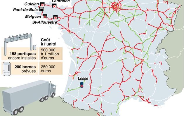 Infographie des axes routiers concernés par l'écotaxe et localisations des portiques et bornes détruits [Infographie / AFP]